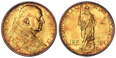 Achille Ratti (Pio XI), 100 Lire Stato della Città del Vaticano, 1930 (Anno IX), oro