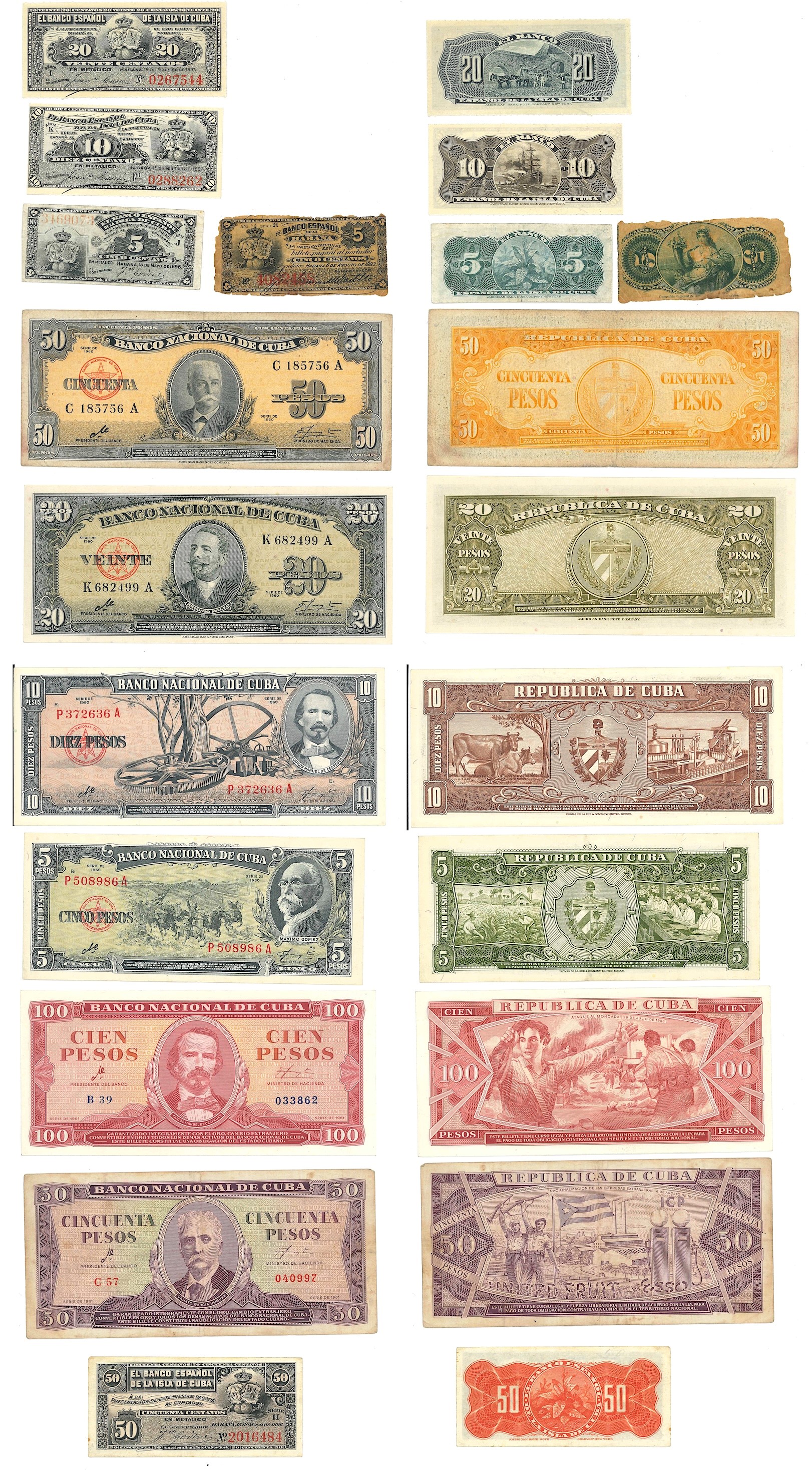 Cuba, Lotto di 33 banconote (fine XIX–XXI secolo)