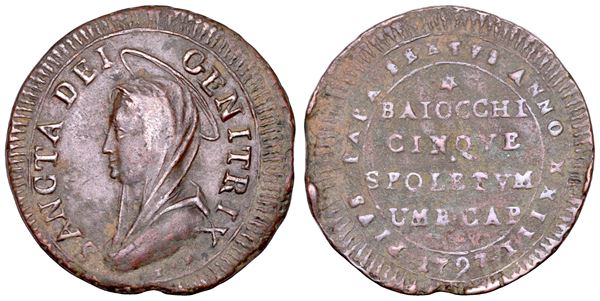 STATO PONTIFICIO. PIO VI (Giannangelo Braschi), 1775-1799. Madonnina da 5 baiocchi A. XXIII/1797. Spoleto.