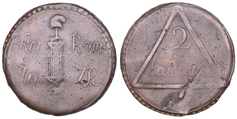 REPUBBLICA ROMANA - PERUGIA (o ROMA), 1798-1799. 2 Baiocchi VII (1799). 2° tipo (caratteri corsivi).  - Asta Numismatica - Cambi Casa d'Aste