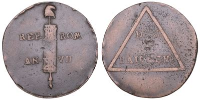 Repubblica Romana, Perugia (o Roma), 2 Baiocchi VII, 1799 (terzo tipo, caratteri capitali) - rame