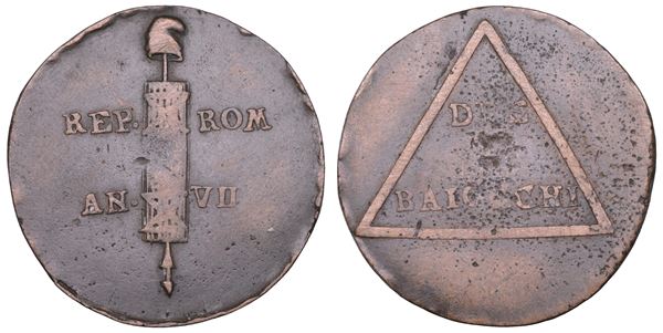 REPUBBLICA ROMANA - PERUGIA (o ROMA), 1798-1799. 2 Baiocchi VII (1799). 3° tipo (caratteri capitali).