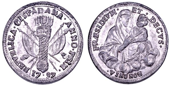 BOLOGNA. REPUBBLICA CISPADANA, 1796-1797. Prova del 20 Lire o Doppia 1797.