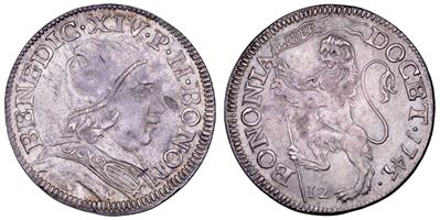 Prospero Lambertini (Benedetto XIV), Stato Pontificio: bianco 1745, Bologna, medaglia con busto e...