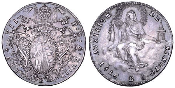 STATO PONTIFICIO. PIO VII (Gregorio Luigi Barnaba Chiaramonti), 1800-1823. Quinto di scudo A. XVIII/1816. Bologna.