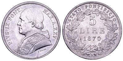 Pio IX (Giovanni Maria Mastai Ferretti), 5 Lire A. XXV/1870, Stato Pontificio, Roma
