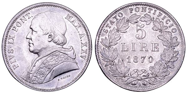 STATO PONTIFICIO. PIO IX (Giovanni Maria Mastai Ferretti), 1846-1878. 5 Lire A. XXV/1870. Roma.