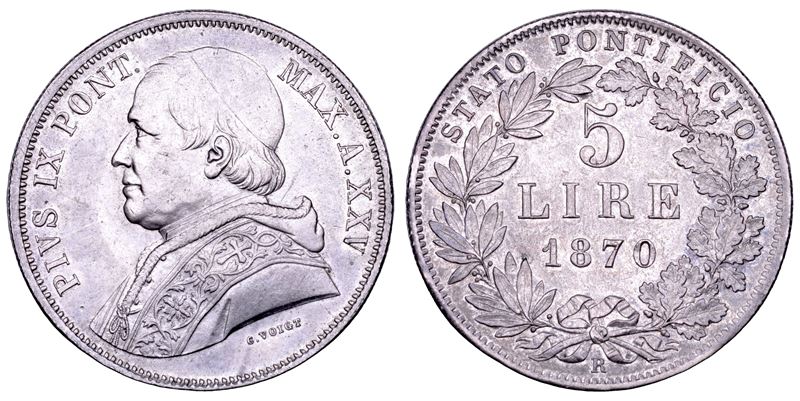 Pio IX (Giovanni Maria Mastai Ferretti), 5 Lire Stato Pontificio, 1870 (A. XXV)
