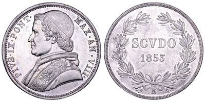 Pio IX (Giovanni Maria Mastai Ferretti), Scudo romano AN VIII (1853) con busto e stemma