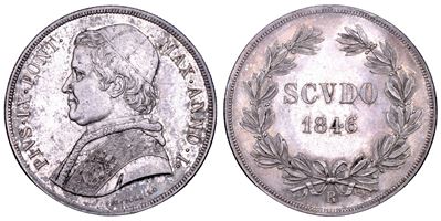 Giovanni Maria Mastai Ferretti (Pio IX), Scudo romano con busto e anno I, argento, 1846