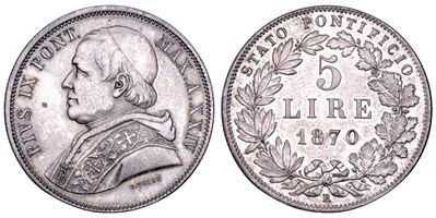 Giovanni Maria Mastai Ferretti (Pio IX), Stato Pontificio, 5 Lire A. XXIV/1870 (Roma)