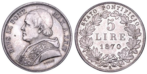 STATO PONTIFICIO. PIO IX (Giovanni Maria Mastai Ferretti), 1846-1878. 5 Lire A. XXIV/1870. Roma.