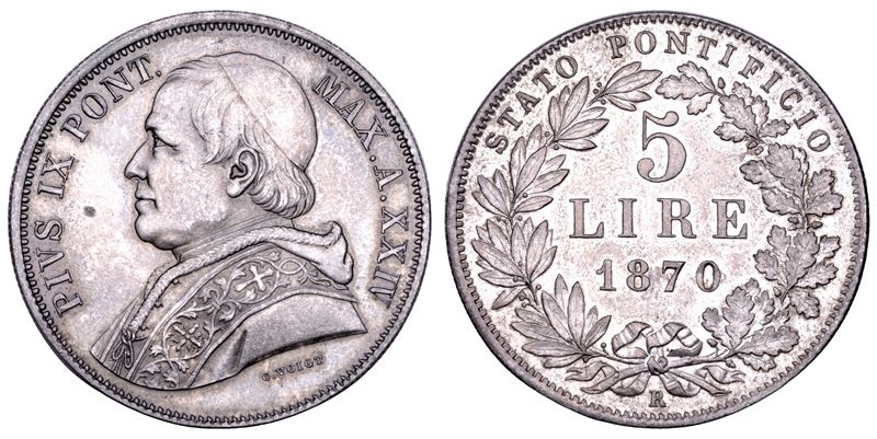 STATO PONTIFICIO. PIO IX (Giovanni Maria Mastai Ferretti), 1846-1878. 5 Lire A. XXIV/1870. Roma.  - Asta Numismatica - Cambi Casa d'Aste