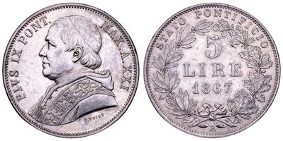 Pio IX (Giovanni Maria Mastai Ferretti), 5 Lire 1867 (A. XXI), Roma, argento