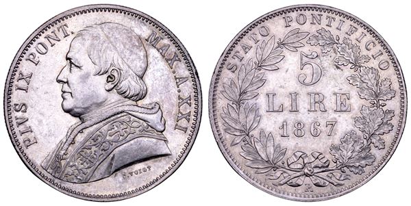STATO PONTIFICIO. PIO IX (Giovanni Maria Mastai Ferretti), 1846-1878. 5 Lire A. XXI/1867. Roma.