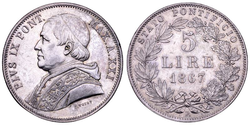 Giovanni Maria Mastai Ferretti (Pio IX), 5 Lire “Stato Pontificio”, 1867, Roma