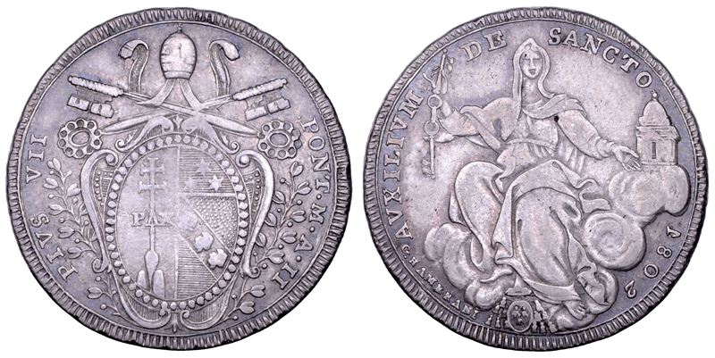 Pio VII (Gregorio Luigi Barnaba Chiaramonti), Mezzo scudo romano A. II/1802, Roma