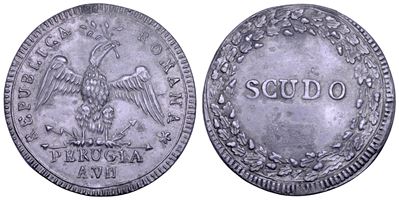 Repubblica Romana, Perugia, 1798-1799. Prova dello scudo romano A. VII (piombo)