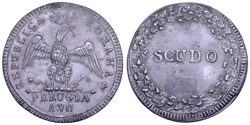 REPUBBLICA ROMANA - PERUGIA, 1798-1799. Prova dello scudo romano A. VII.  - Auction Numismatics - Cambi Casa d'Aste
