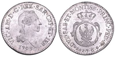 Vittorio Amedeo III di Savoia, 7,6 Soldi (1773-1796) — 1793, moneta in mistura, diametro 26,28 mm
