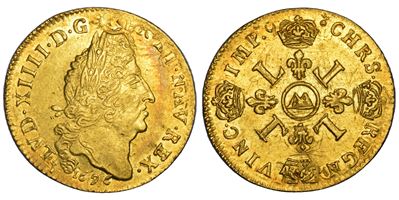Louis d’or, 1696, Metz (Francia, Luigi XIV) — moneta d’oro con croce gigliata
