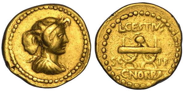 CESTIA. L. Cestius e C. Norbanus. Aureo, circa anno 43 a.C.