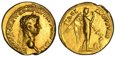 Claudio (TI CLAVD CAESAR AVG P M TR P VI IMP XI), Aureo con raffigurazione della Pax-Nemesis, cir...