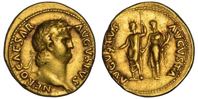 Nerone, Aureo 54–68 d.C., anni 64–66 (testa laureata e personificazione di Augusto)