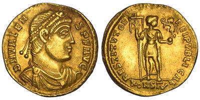 Valente (364–378), Solido aureo con busto e figure allegoriche