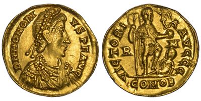 Onorio, Solido romano 393-408 d.C. (Roma) – aureo con busto diademato e Vittoria su globo