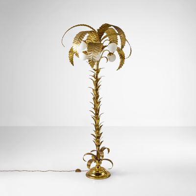 Lampada da terra a forma di palma, struttura in metallo e diffusori in vetro opalino