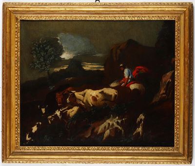 Scuola genovese del XVIII secolo, Paesaggio con pastore e armenti, olio su tela
