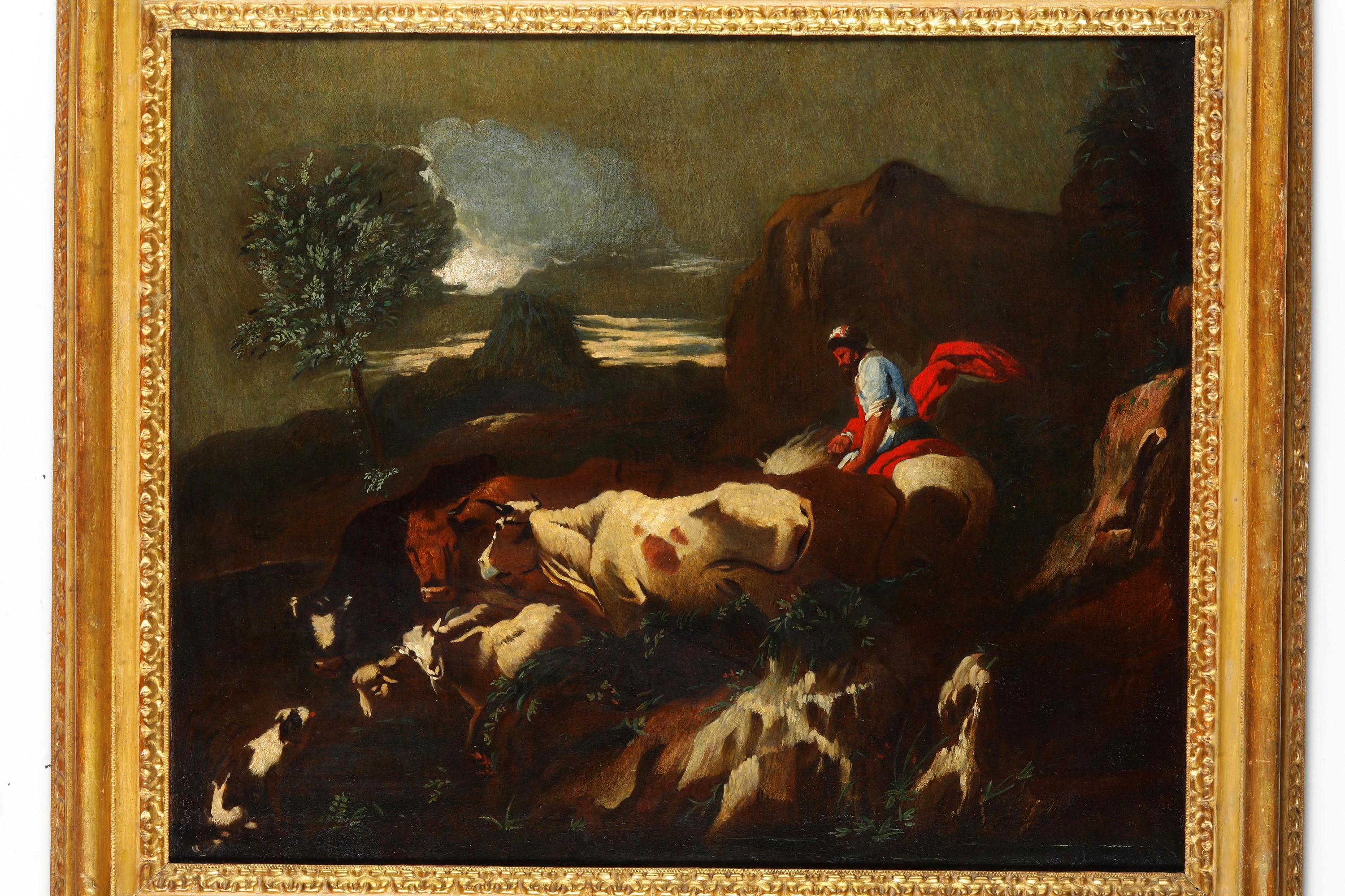 Scuola genovese del XVIII secolo, Paesaggio con pastore e armenti, olio su tela