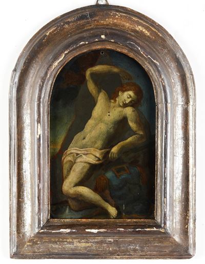 Scuola del XVII-XVIII secolo, Martirio di San Sebastiano (olio su pietra di paragone centinata)
