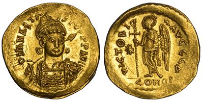 Anastasio I, Solido (oro) con busto corazzato e Vittoria, Costantinopoli, anni 492-507