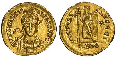 Anonimo, Solido in nome di Anastasio (491–518) con busto corazzato e Vittoria