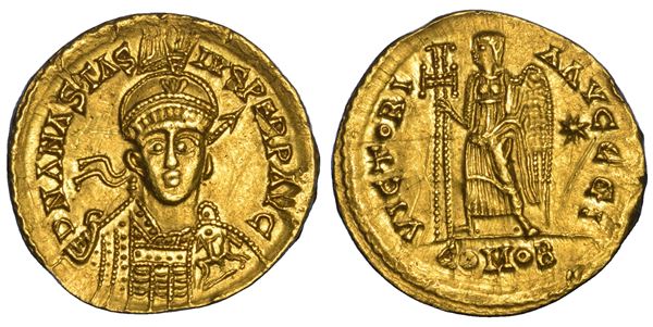 REGNO MEROVINGIO. Solido in nome di Anastasio, 491-518. Zecca incerta all'epoca di Clovis I, anni 500-580.