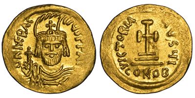 Eraclio, Solido (610–613) con busto frontale e croce con legenda VICTORIA AVSЧI