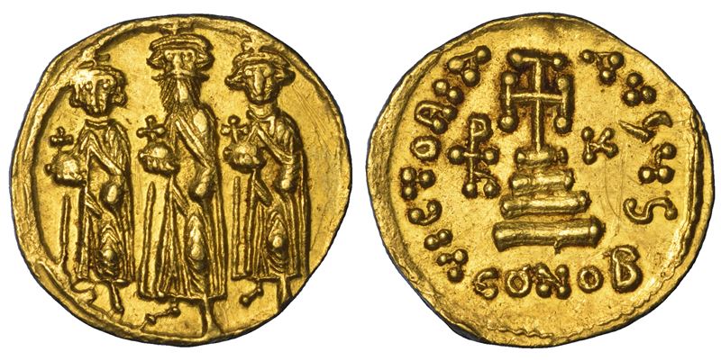 ERACLIO con ERACLIO COSTANTINO ed ERACLONA, ​​610-641. Solido. Costantinopoli, ca. anni 629-631.  - Auction Numismatics - Cambi Casa d'Aste