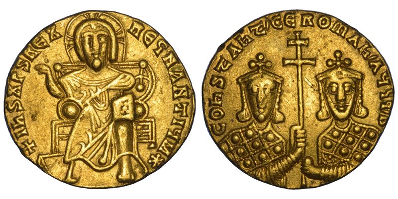 Costantino VII Porfirogenito e Romano I Lecapeno, Solido, Cristo Pantocratore (stella) e busti co...