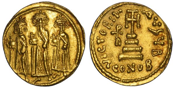 ERACLIO, con ERACLIO COSTANTINO ed ERACLONA, ​​610-641. Solido. Costantinopoli, anni 636/7 (?).