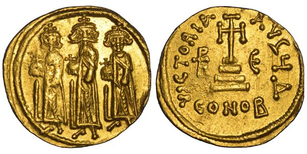ERACLIO, con ERACLIO COSTANTINO ed ERACLONA, ​​610-641. Solido. Costantinopoli, anni 636/7 (?).