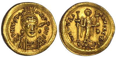 Giustino I, Solido (518–527) con busto diademato e corazzato e Vittoria con angelo