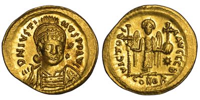 Giustino I, Solido (518–527) con busto corazzato e Vittoria con croce e globo