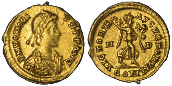 ONORIO, 393–423. Tremisse, anni 395–402. Mediolanum.