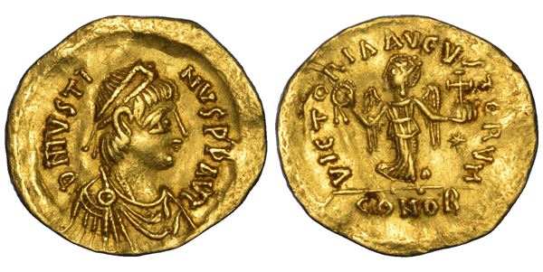 GIUSTINO I, 518–527. Tremisse, anni 518–527. Costantinopoli.