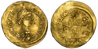 Maurizio Tiberio, Tremisse aureo, Ravenna (582–602 d.C.)