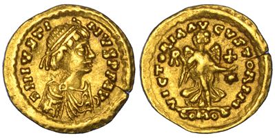 Giustino I, Tremisse a nome di Giustino I (491–526) con busto diademato e drappeggiato