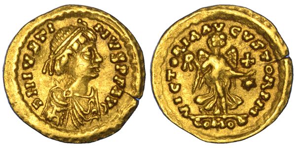 OSTROGOTI. TEODORICO, 491-526. Tremisse a nome di Giustino I. Roma.