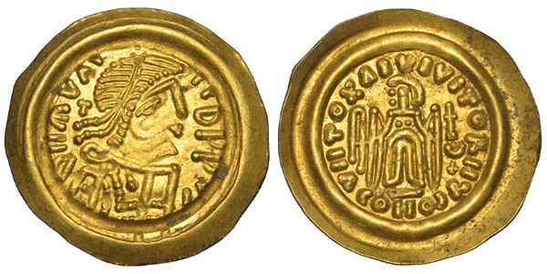LONGOBARDI. CONIAZIONI PSEUDO-IMPERIALI, 568-690. Tremisse a nome di Mauritius Tiberio, anni 582-602.